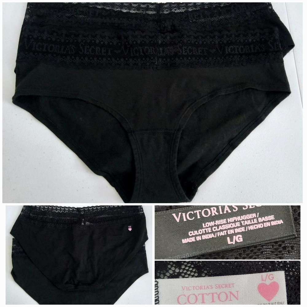 Victoria's Secret Black Cotton Low-rise Hiphugger Bundle Size Lg (Nwots)